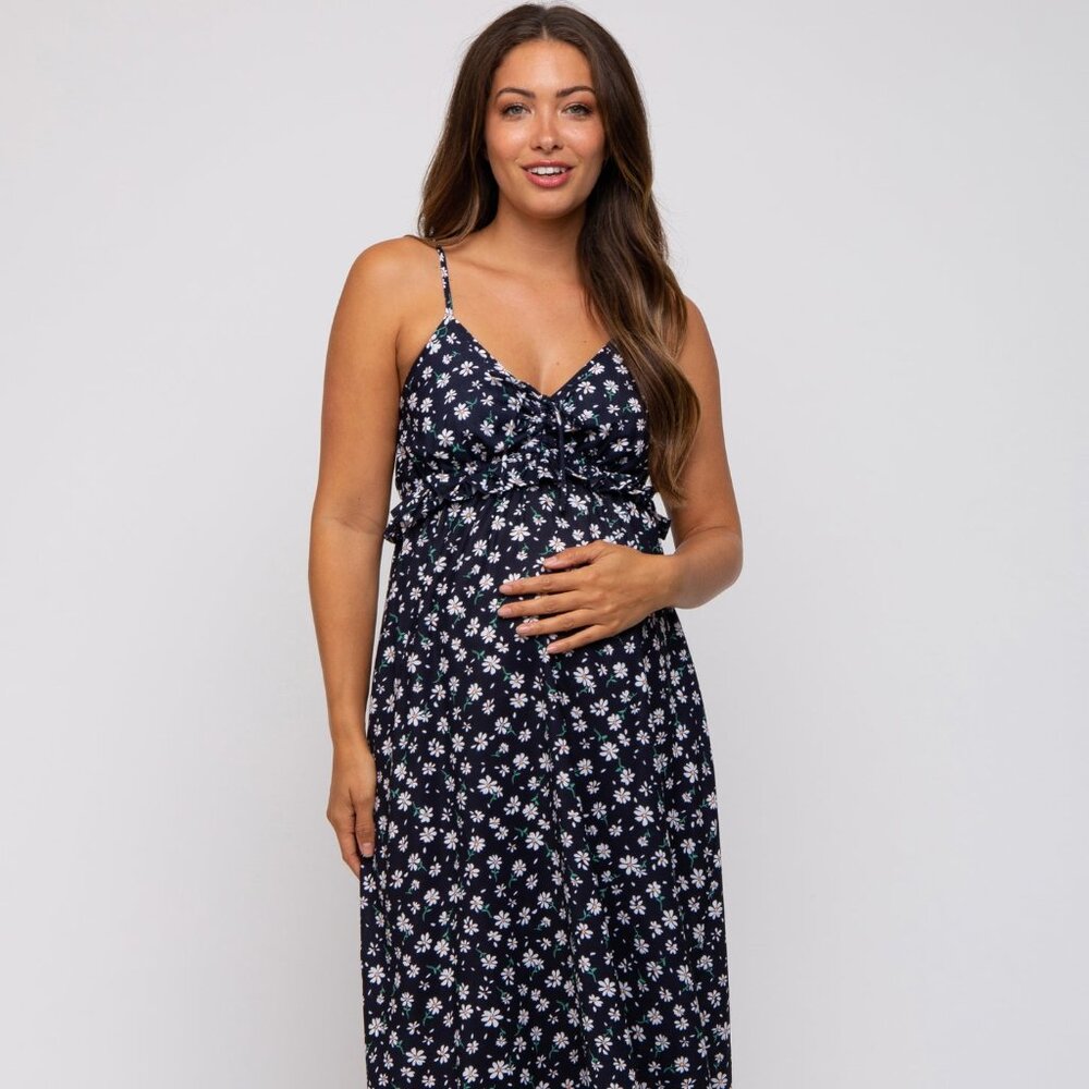 Black Floral Ruffle Accent Maternity Midi Dress
